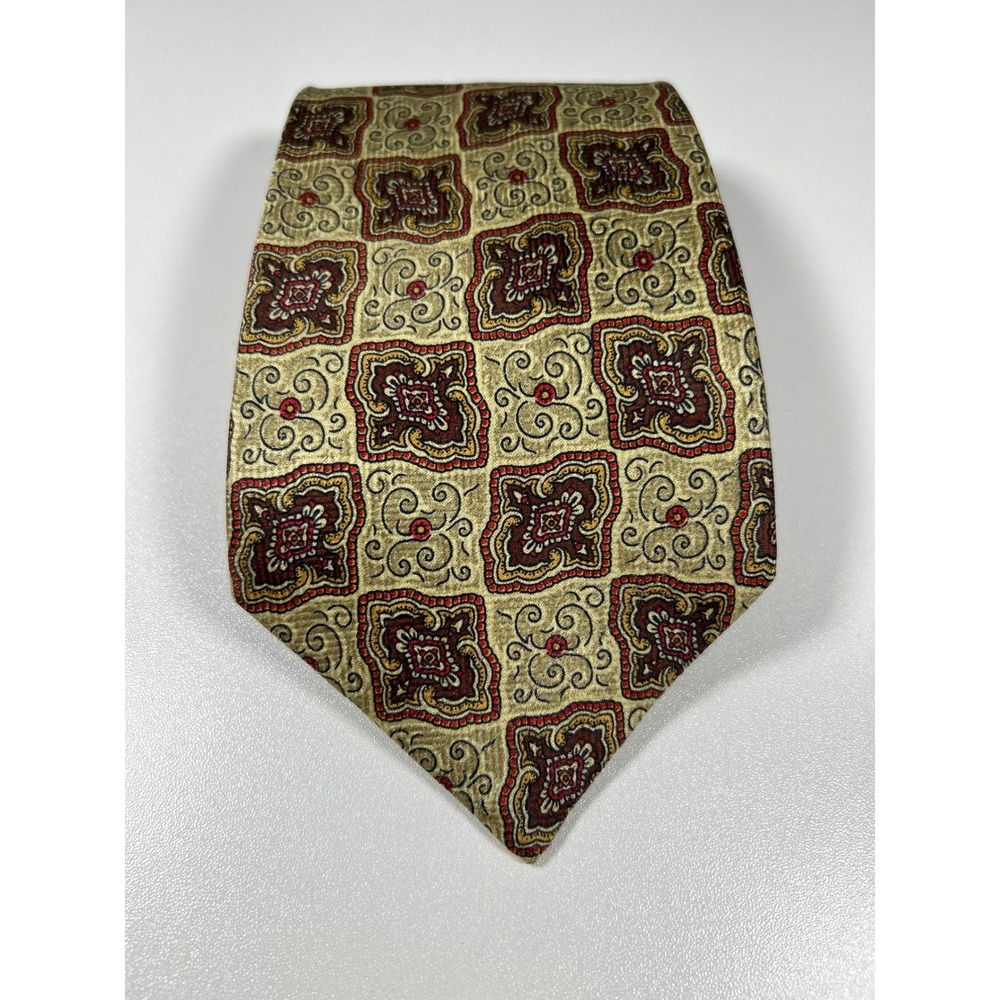 Inter House Mens Silk Tie Spain Geometric Medallion Gold Burgundy Handmade